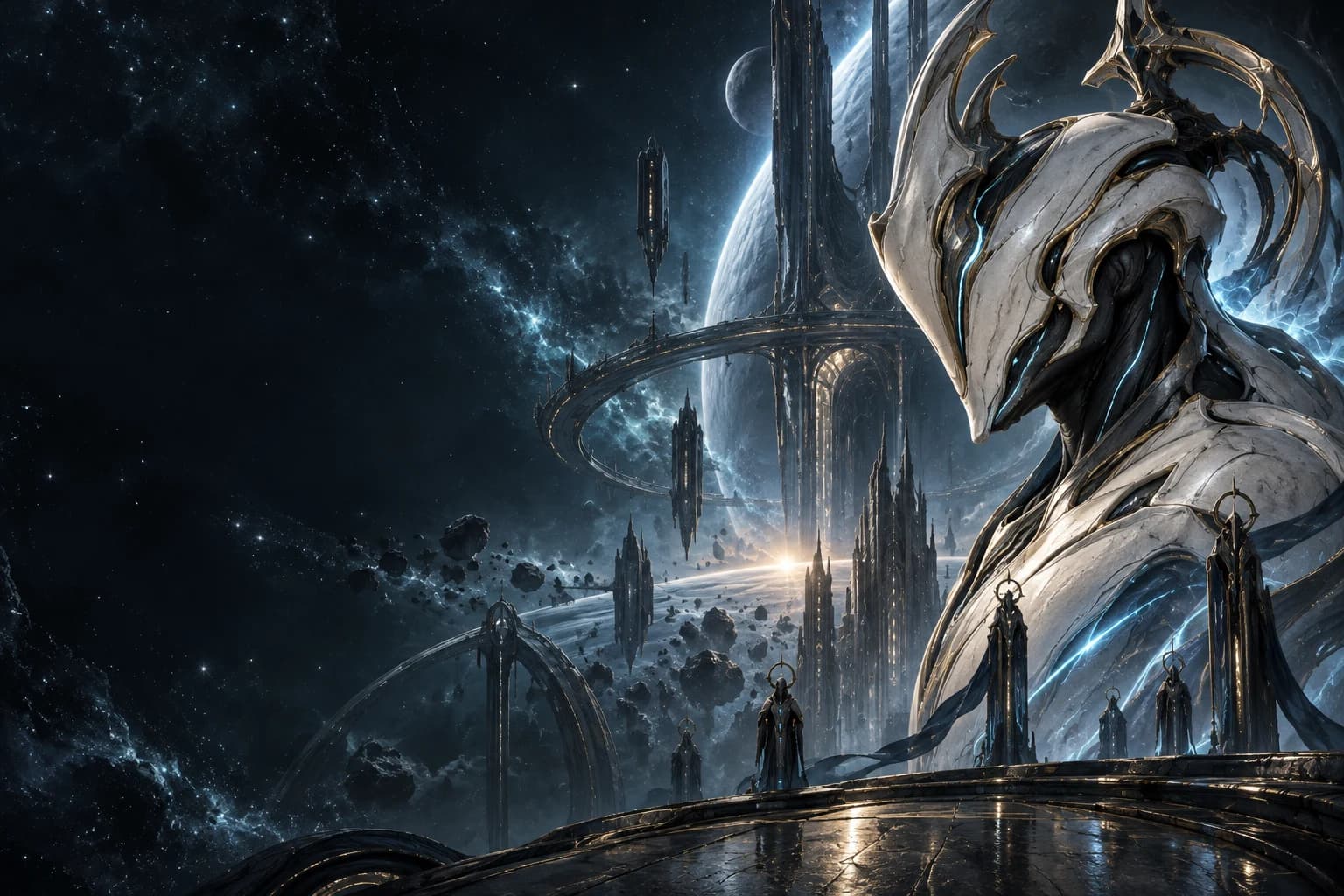 Original science fiction illustration of a silver armored figure in the Origin System.